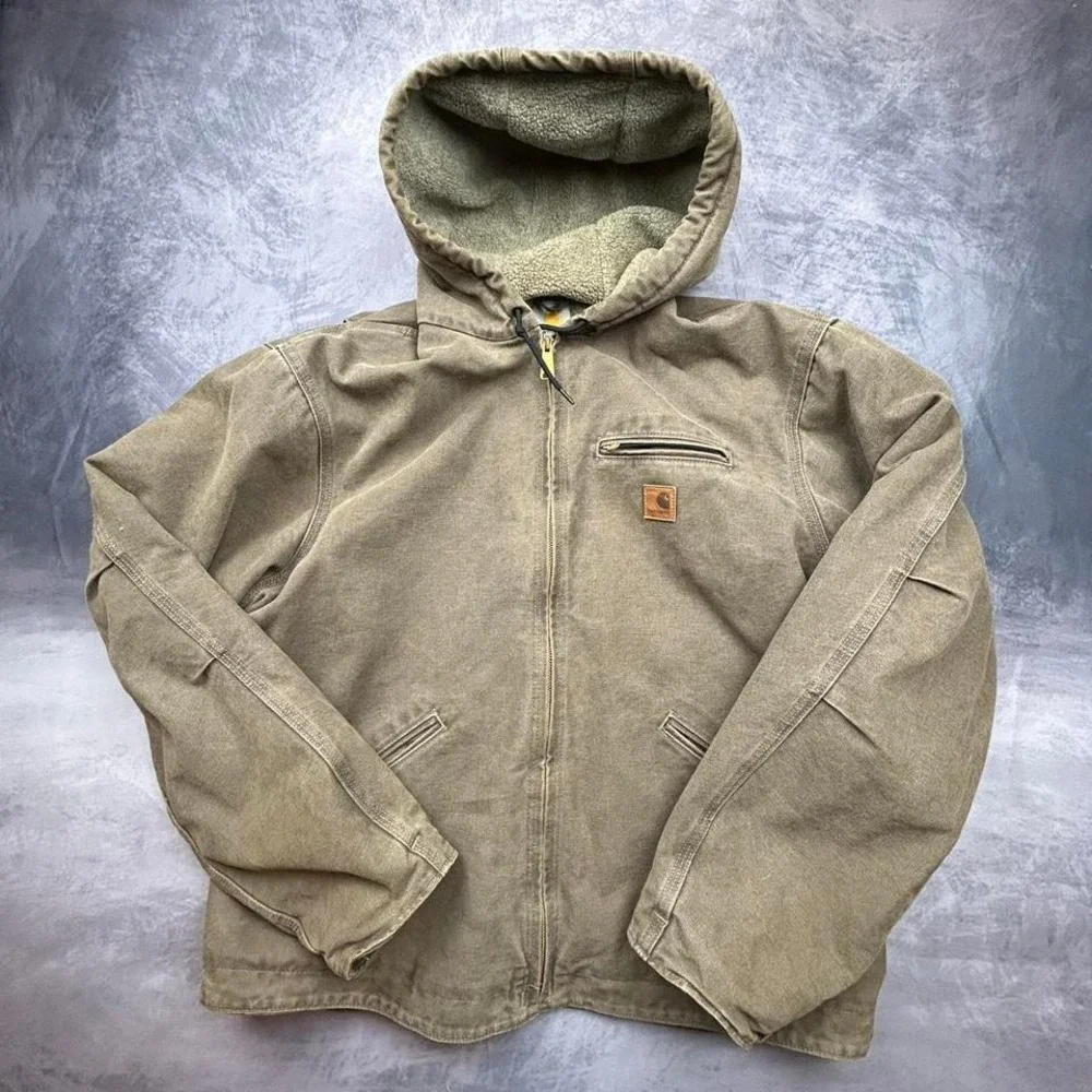 faded brown olive green insulated fleeced Carhartt jacket winter‎ workwear